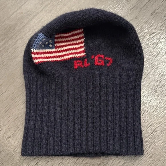 Rare Polo Ralph Lauren‎ RL67 American Flag Beanie 100% Wool Navy Heritage Hat